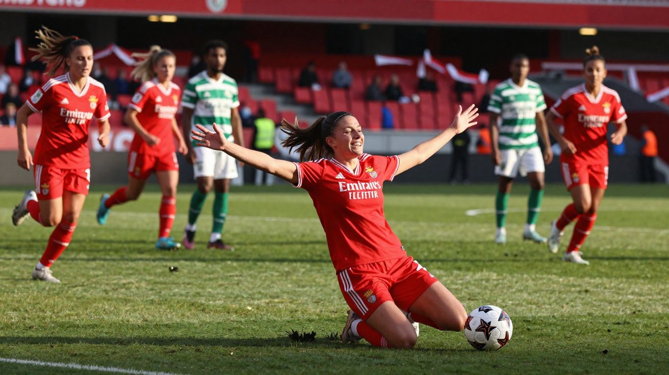 Jogadora do Benfica celebra golo deslizando no relvado com braços abertos durante jogo de futebol feminino.