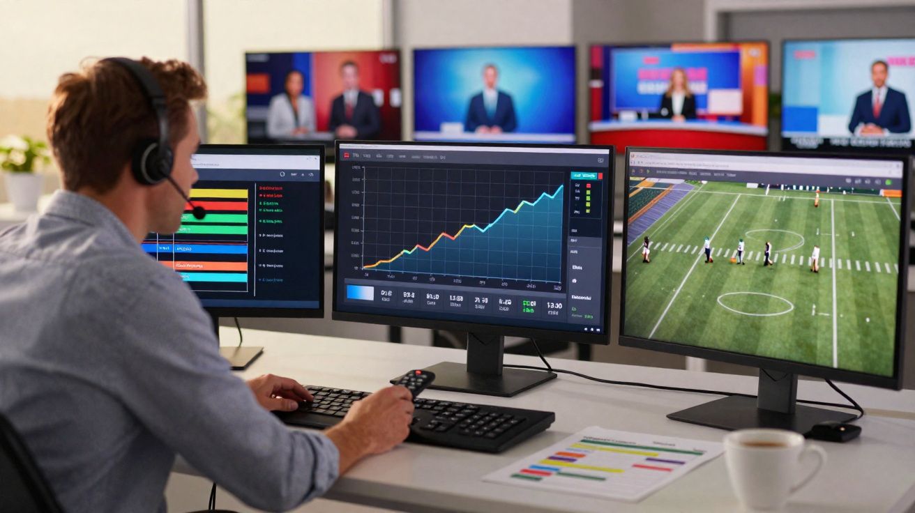 Homem com auscultadores trabalha com três ecrãs a monitorizar gráficos financeiros e jogo de futebol.