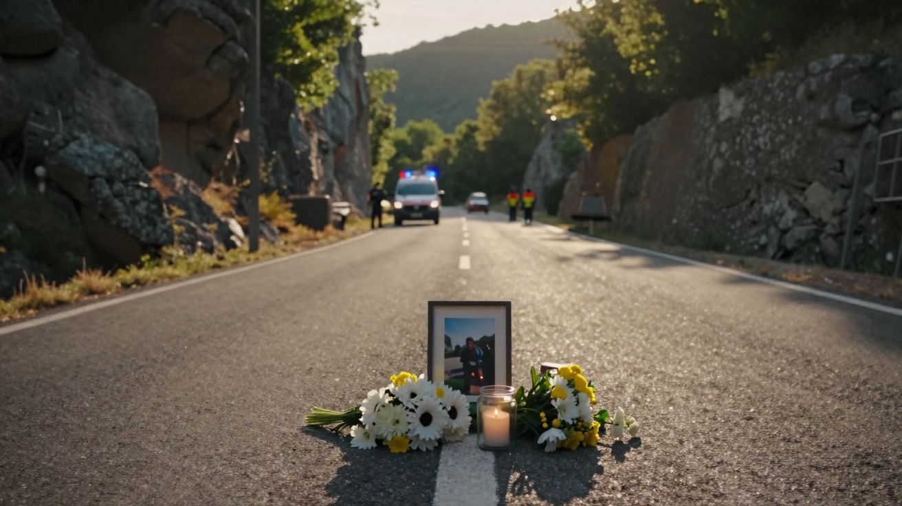 Homenagem na estrada com flores, vela acesa e fotografia, viatura de emergência e pessoas ao fundo.