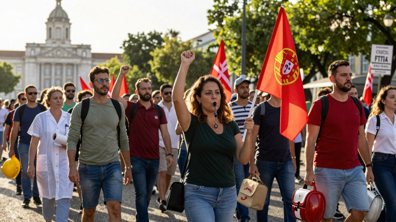 Manifestantes portugueses com bandeiras nacionais em protesto numa rua com edifícios ao fundo.