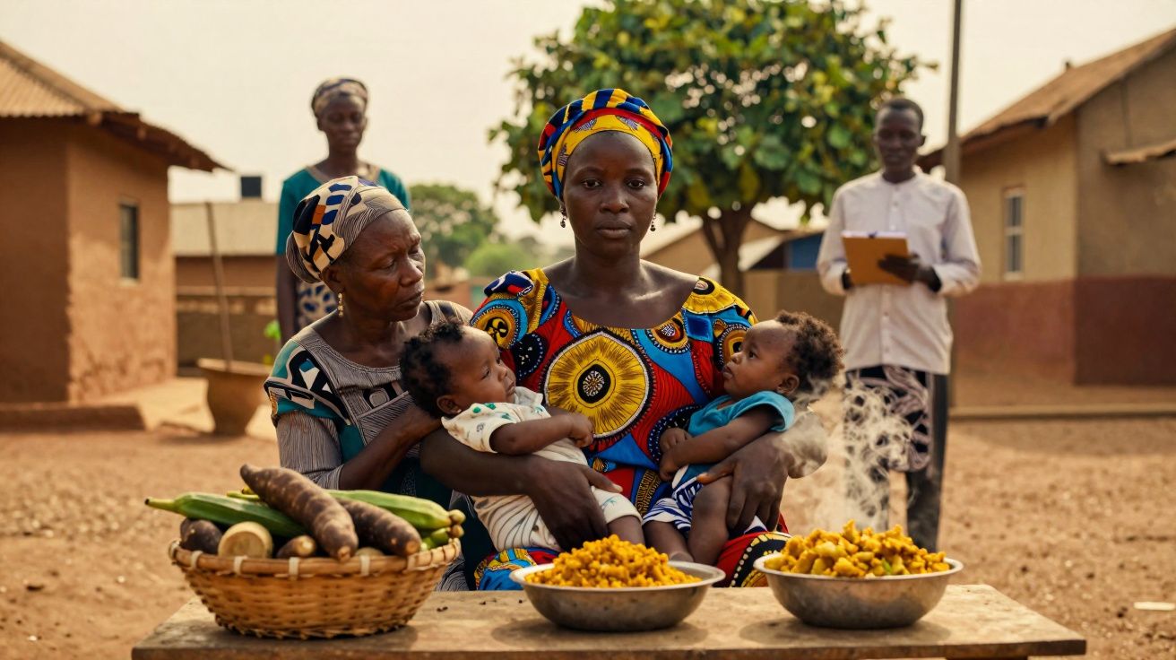 Mulheres africanas em trajes tradicionais com bebés e cestos de alimentos ao ar livre numa aldeia.
