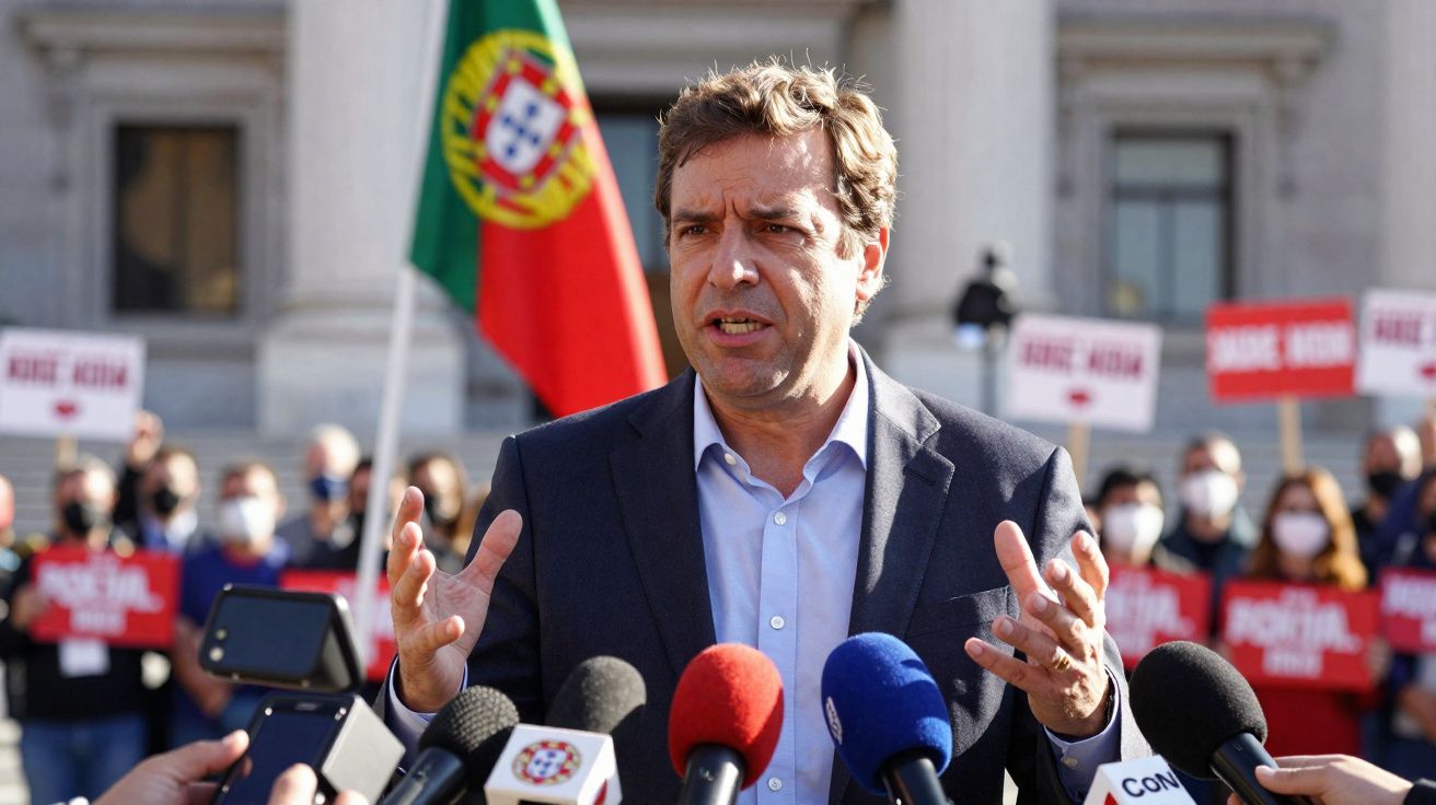 Homem fala em público com microfones à frente, ao lado da bandeira de Portugal e pessoas com cartazes desfocados.