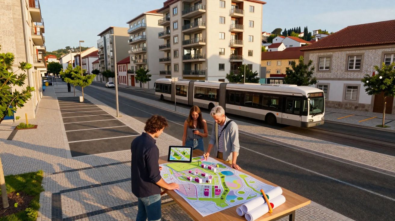Três pessoas analisam maquete de projeto urbanístico numa rua com edifícios e autocarro ao fundo.