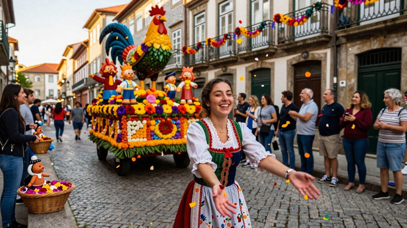 Mulher em traje tradicional dança numa rua com desfile de carro alegórico decorado com flores e figuras coloridas.