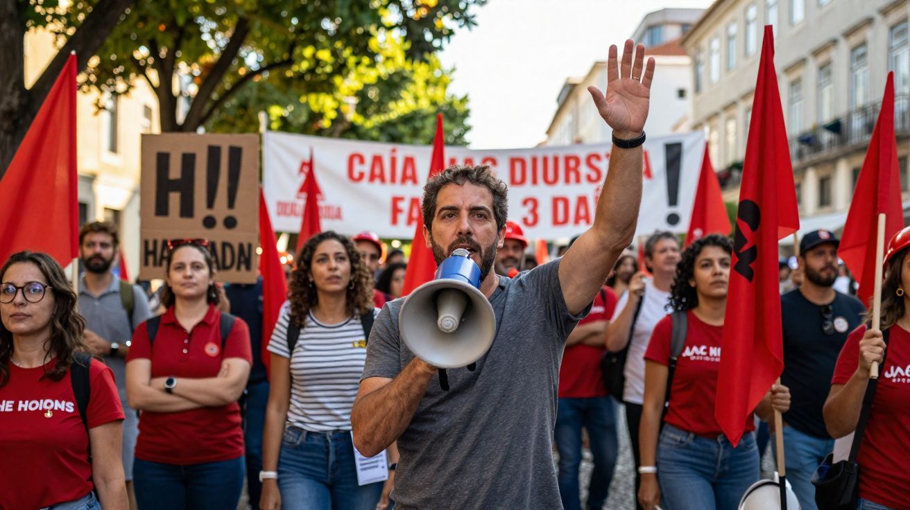 Manifestantes com bandeiras vermelhas e cartazes numa manifestação, homem a falar num megafone.