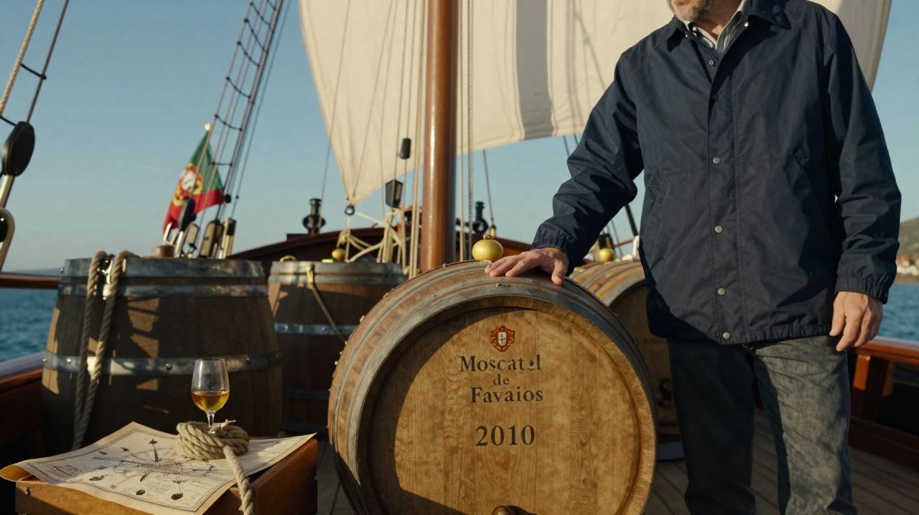 Pessoa encostada numa barrica de vinho Moscatel de Favaios 2010 a bordo de um barco à vela em mar calmo.