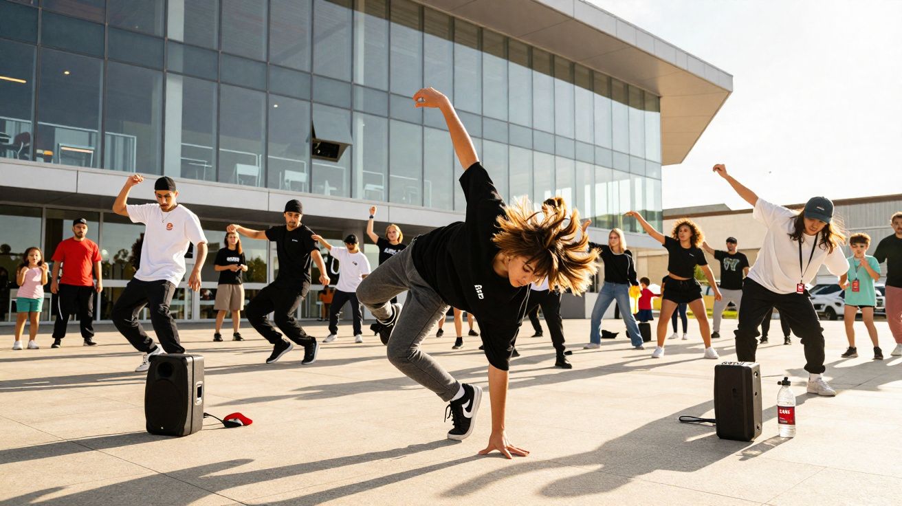 Grupo de jovens a dançar breakdance ao ar livre em frente a um edifício moderno de vidro.