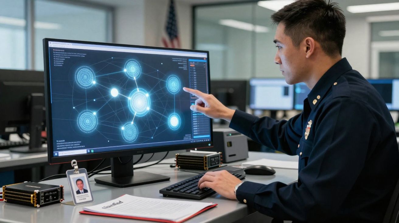 Homem de uniforme interage com ecrã que mostra rede digital em escritório moderno.