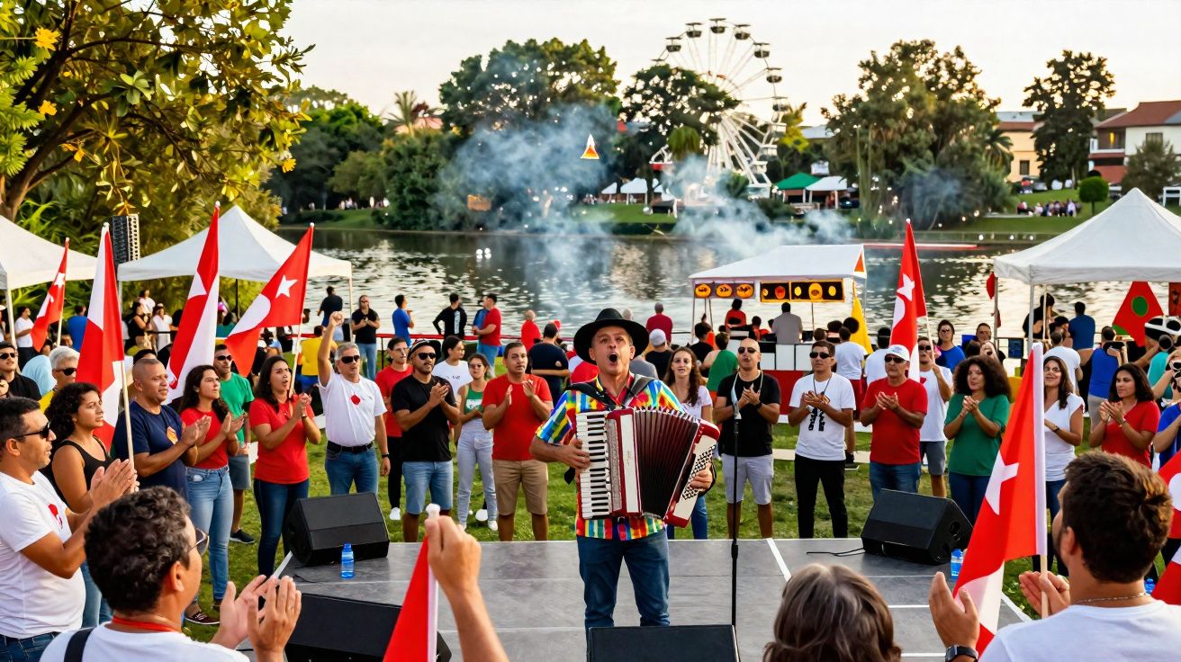 Grupo de pessoas em festa ao ar livre junto a lago, com músico a tocar acordeão e bandeiras vermelhas.