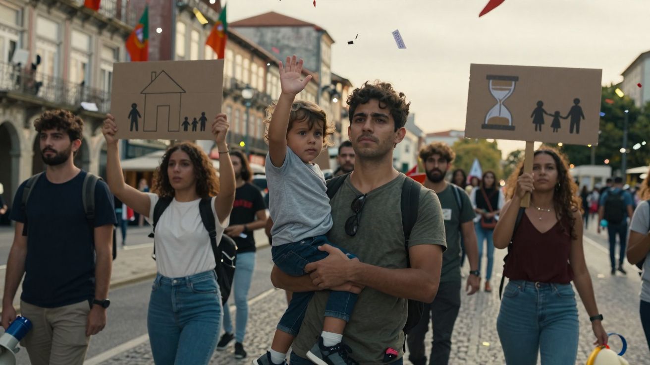 Manifestação pacífica na rua com jovens, um homem a segurar uma criança e placas sobre família e tempo.