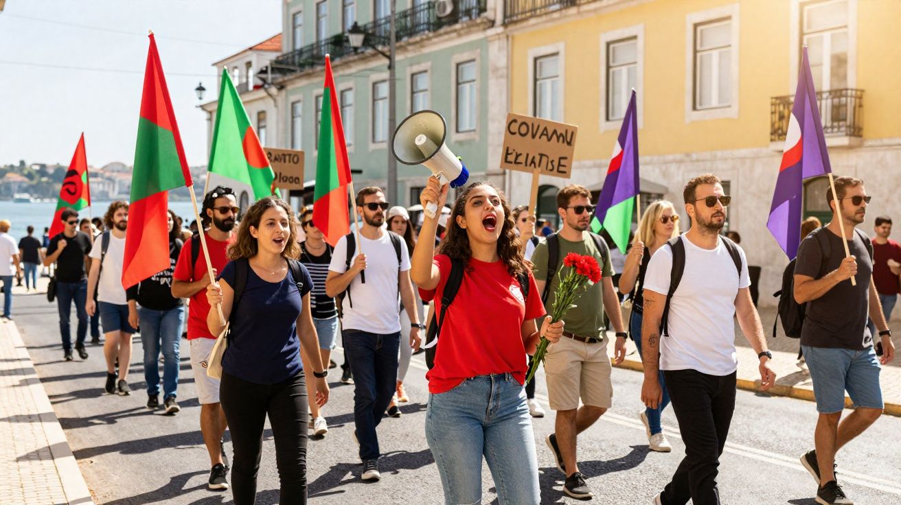Manifestantes em marcha com bandeiras coloridas e cartazes numa rua ensolarada da cidade.