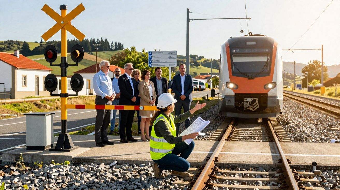 Engenheira de segurança sinaliza junto a grupo de pessoas enquanto trem se aproxima em passagem ferroviária rural.