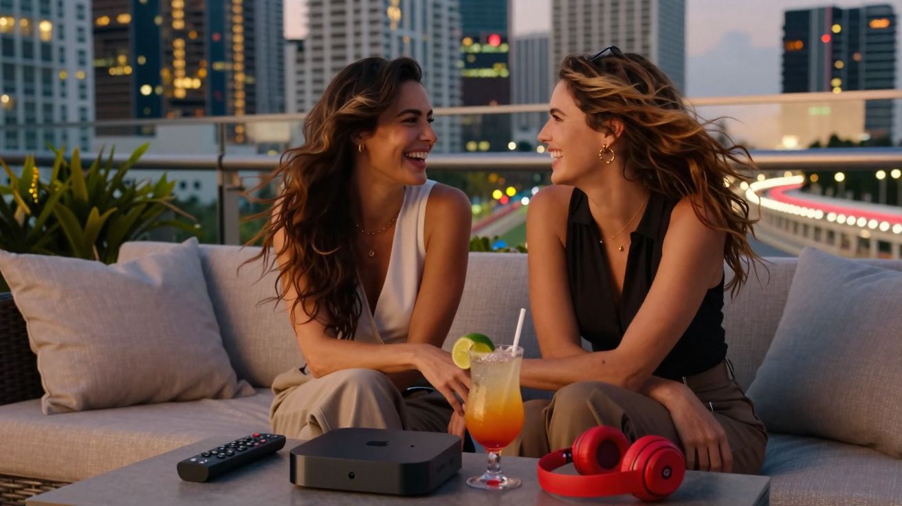 Duas mulheres sentadas num sofá exterior ao entardecer, sorrindo e conversando com bebidas e auscultadores à frente.