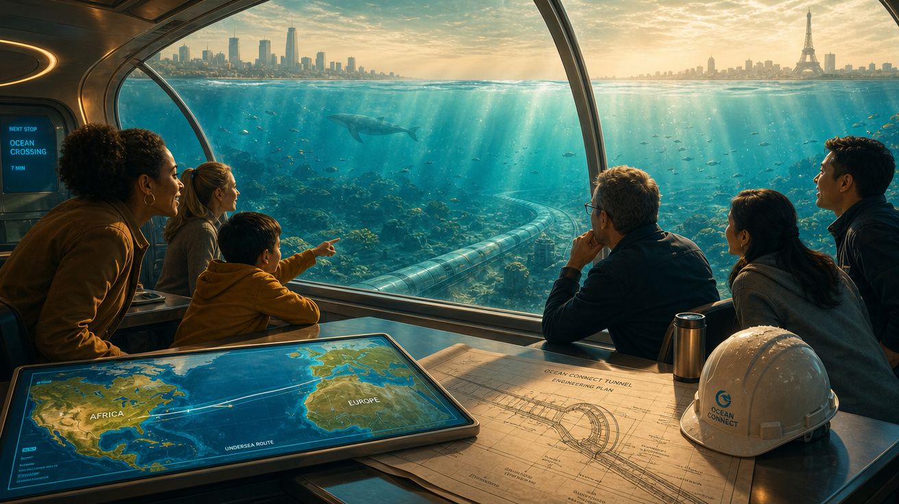 Vista subaquática de seis pessoas a observar túnel submarino ligando América, Europa e África com peixes e golfinhos.