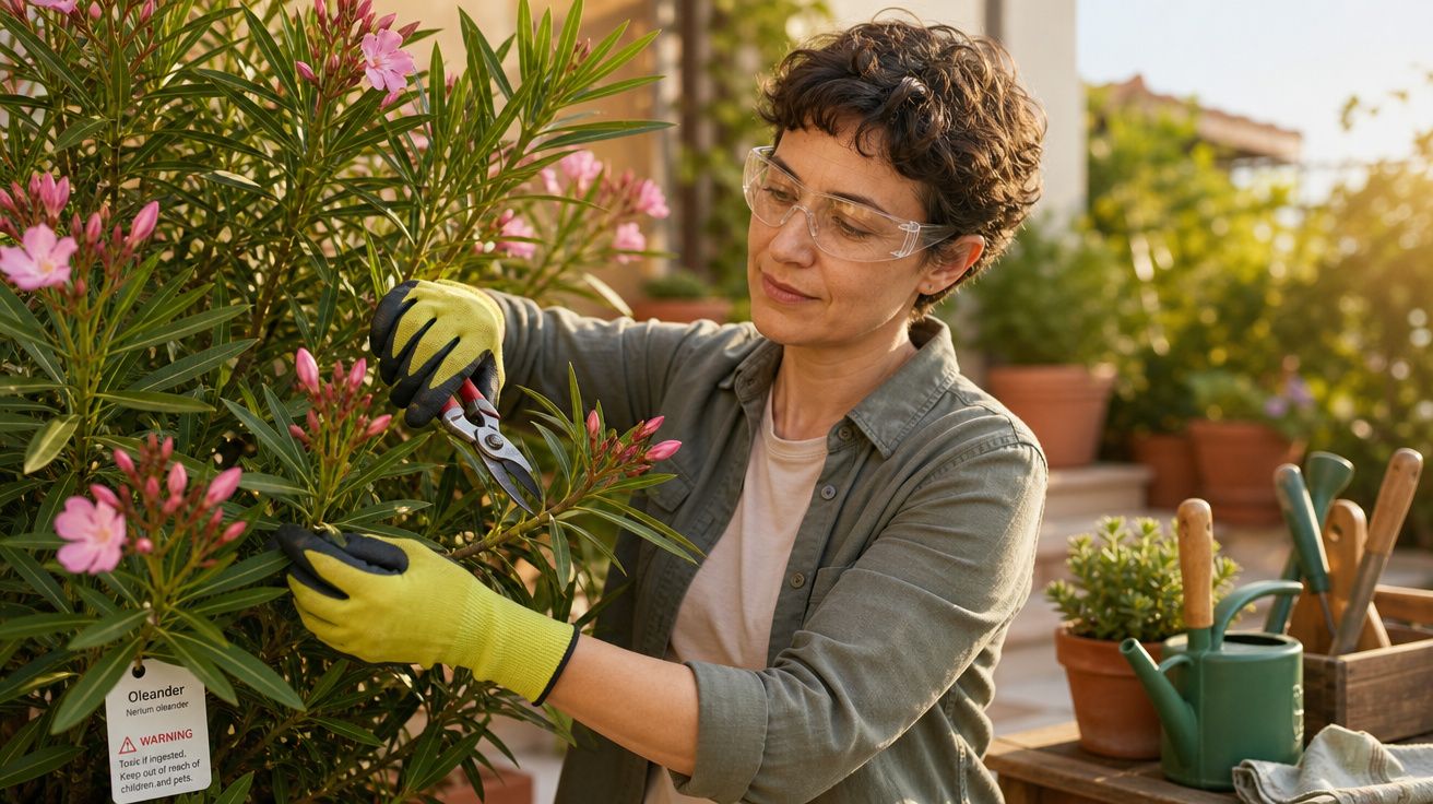 Mulher com óculos de proteção a podar um arbusto de flores cor-de-rosa num jardim ensolarado.