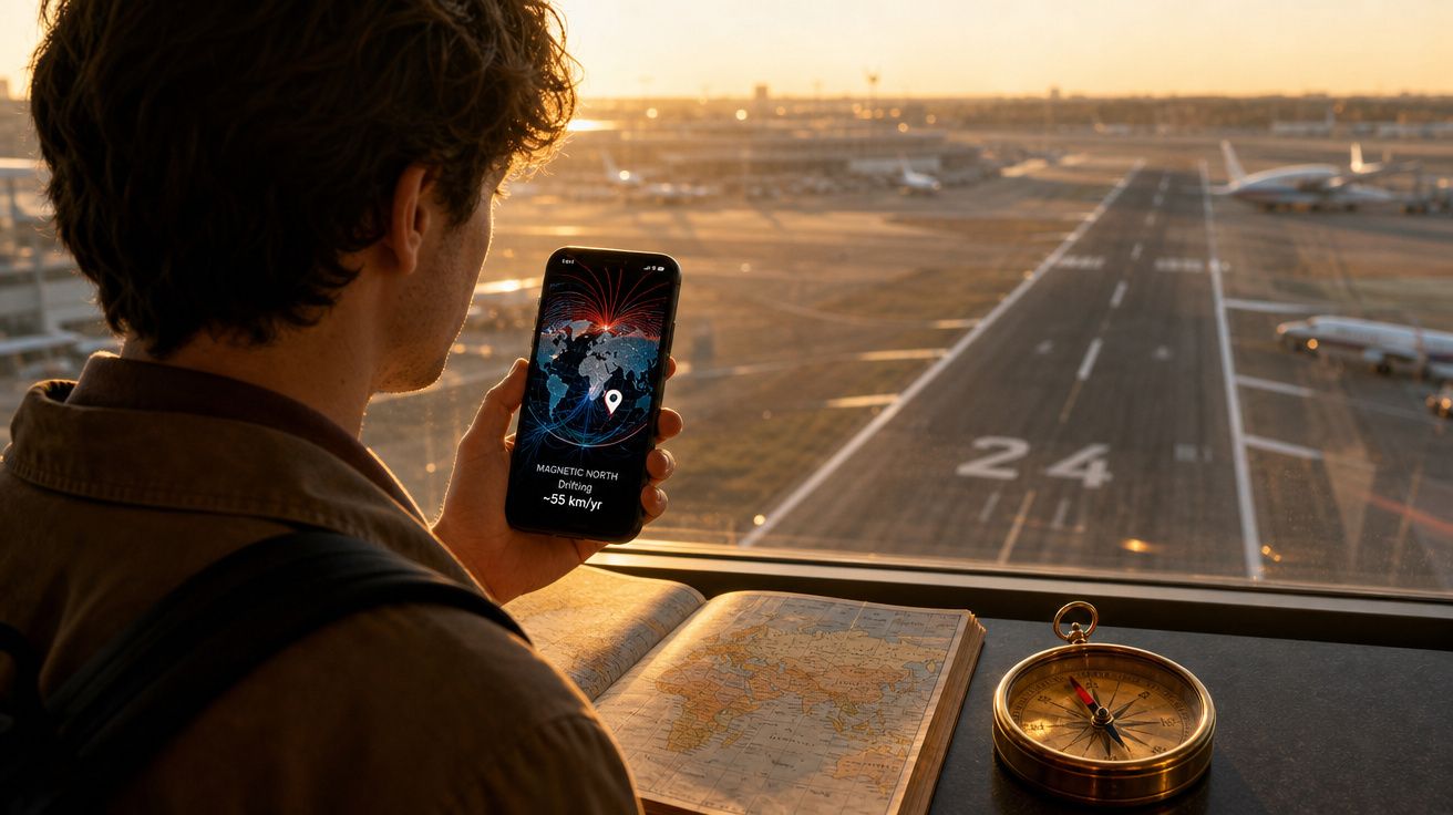 Pessoa vê localização no telemóvel junto a mapa e bússola numa janela com vista para pista de aeroporto ao pôr do sol.
