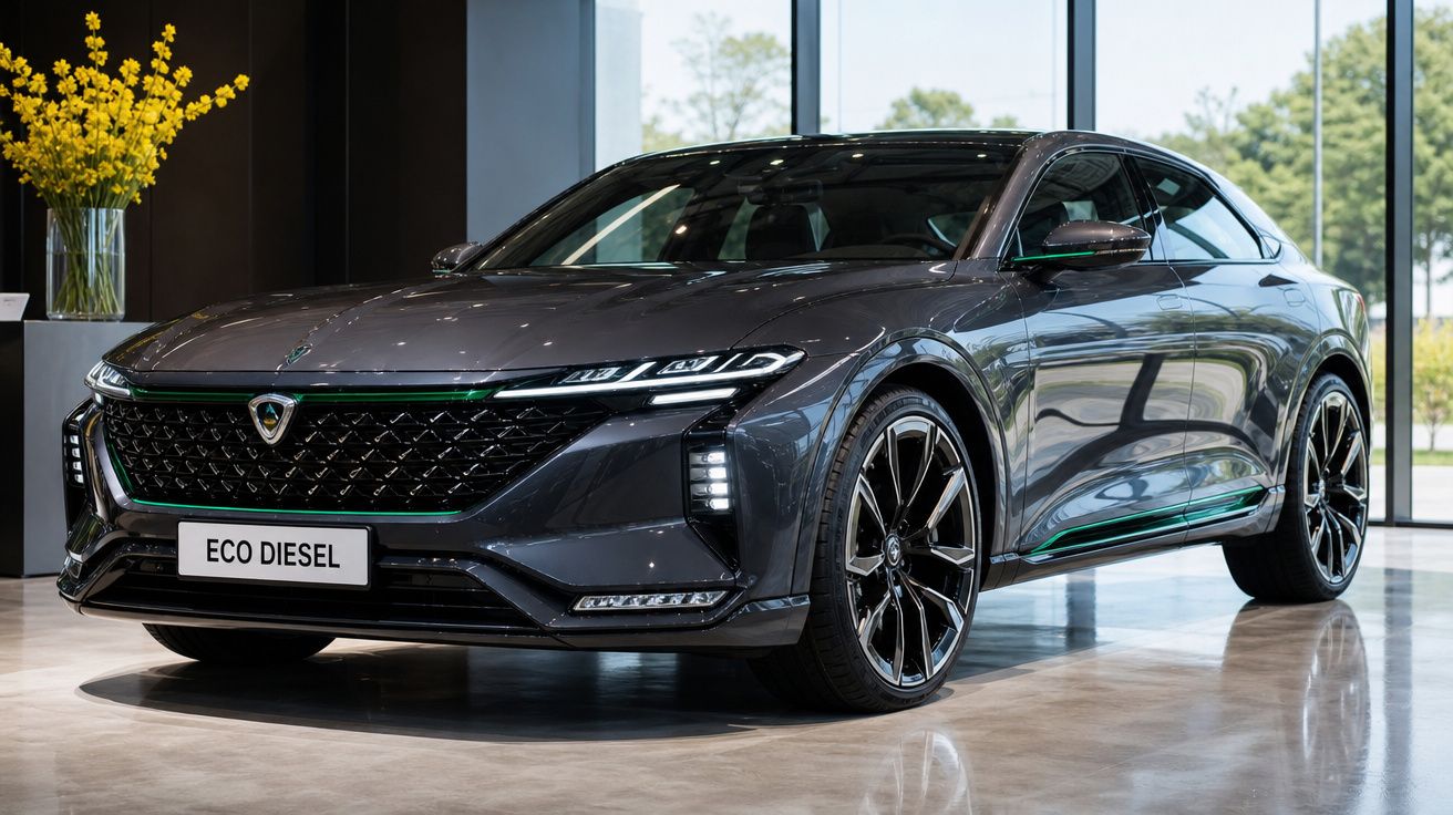Carro desportivo cinzento ECO DIESEL com design moderno e rodas grandes, em showroom com vidro e flores amarelas.