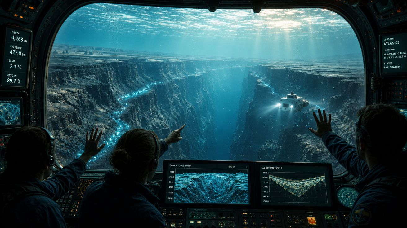 Interior de submarino com tripulantes a observar estreito abismo submarino profundo através da janela.
