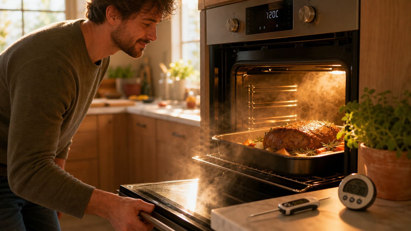Homem a retirar um assado fumegante do forno numa cozinha luminosa e acolhedora.