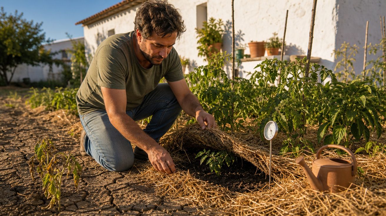 Homem agricultor debruçado a proteger plantação com palha num solo seco junto a regador castanho.