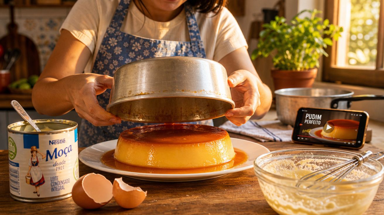 Mulher a desenformar pudim caramelizado numa cozinha com ingredientes e receita no telemóvel ao fundo.