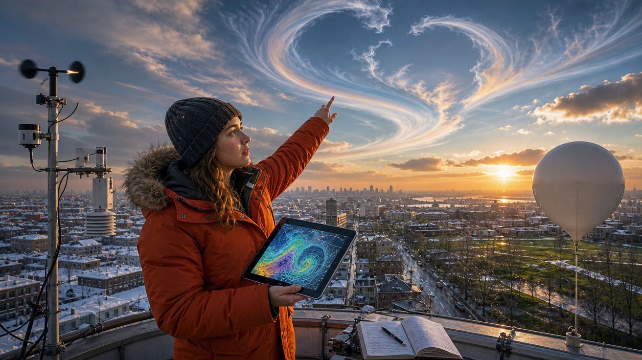Mulher com casaco vermelho observa formação de nuvens à pôr do sol numa cidade, segurando tablet com mapa meteorológico.
