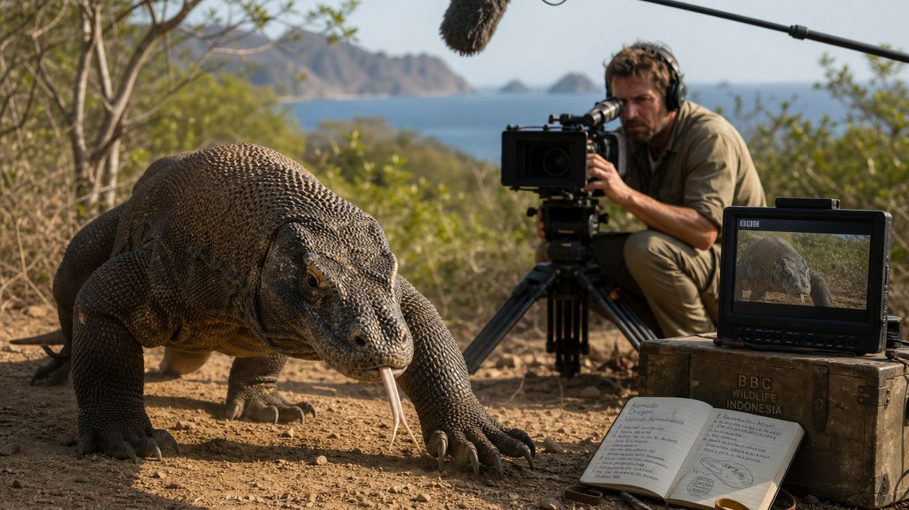 Monstro-de-Komodo em primeiro plano, com cinegrafista a filmar em ambiente natural seco e monitor de gravação.