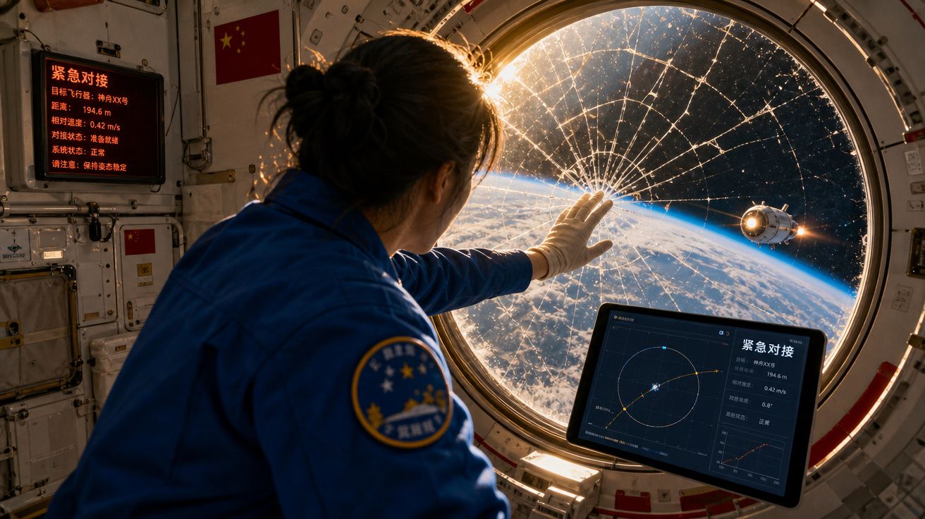 Astronauta chinesa observa e estende a mão na janela da estação espacial com a Terra e uma nave ao fundo.