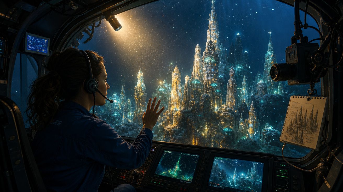 Mulher com headset observa uma cidade futurista iluminada através da janela de uma cabine tecnológica.
