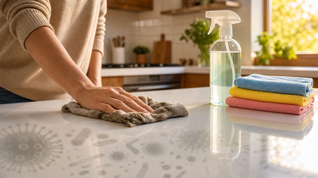 Pessoa a limpar uma bancada branca na cozinha com pano, ao lado de frasco de spray e panos coloridos dobrados.