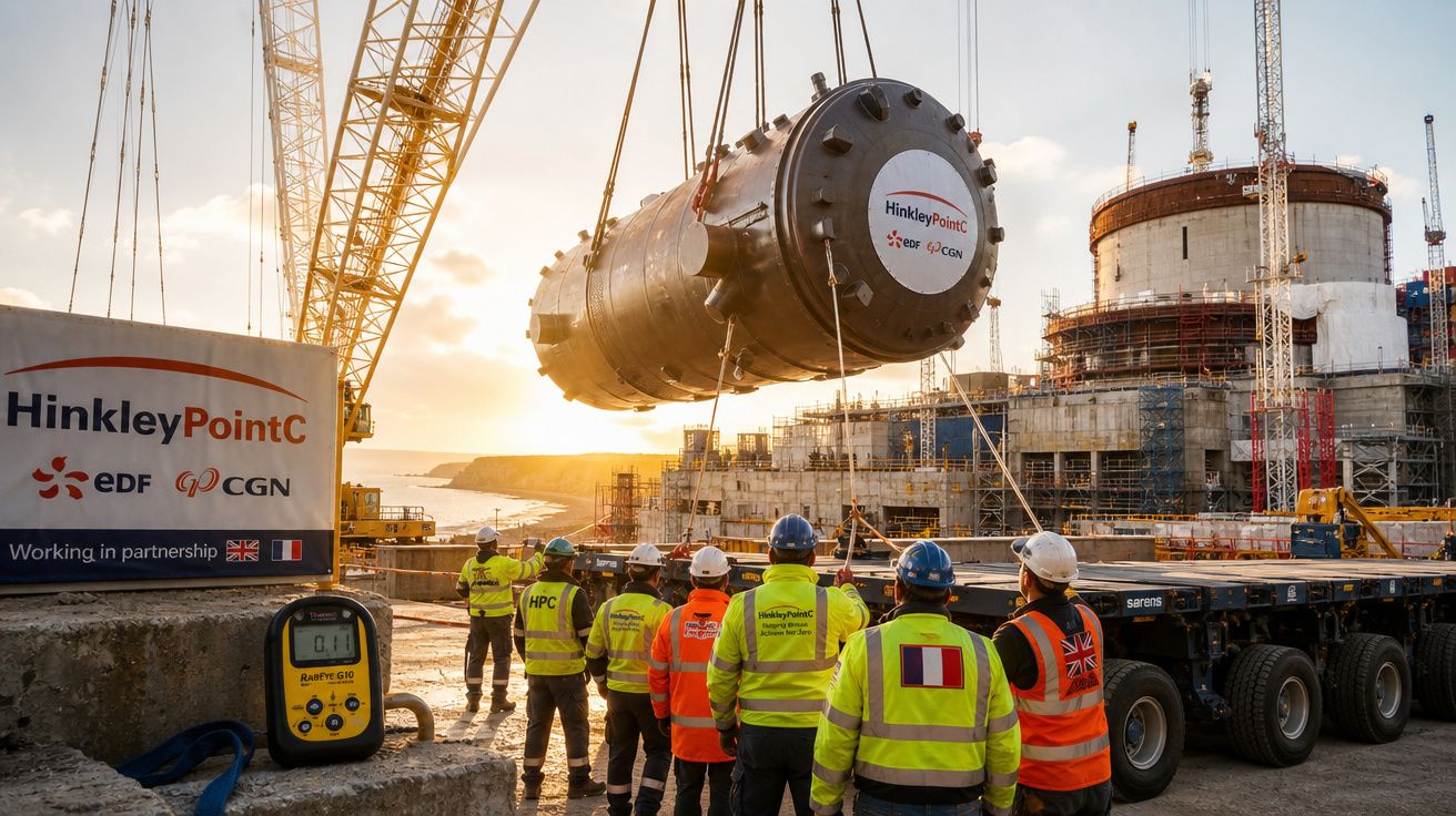 Trabalhadores com coletes de segurança observam a instalação de grande equipamento numa central nuclear em construção.