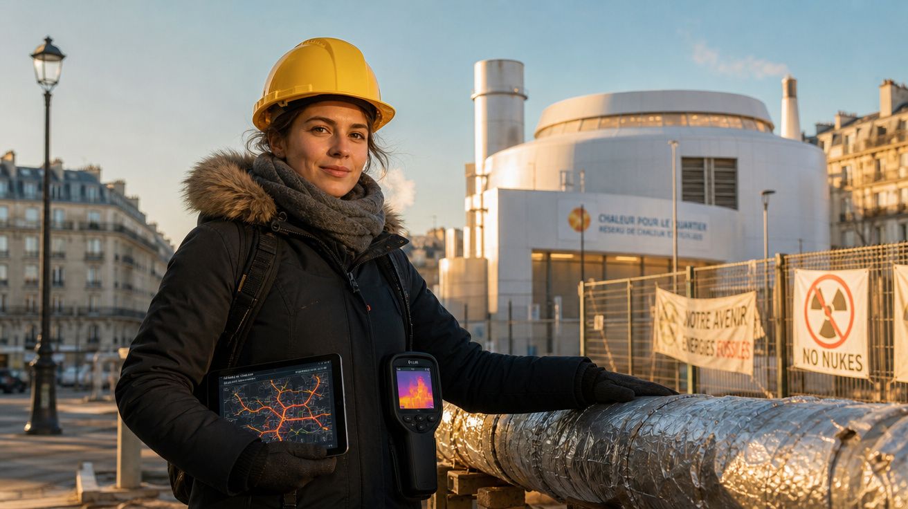 Mulher com capacete amarelo e equipamento térmico junto a tubagem e edifício industrial numa cidade.