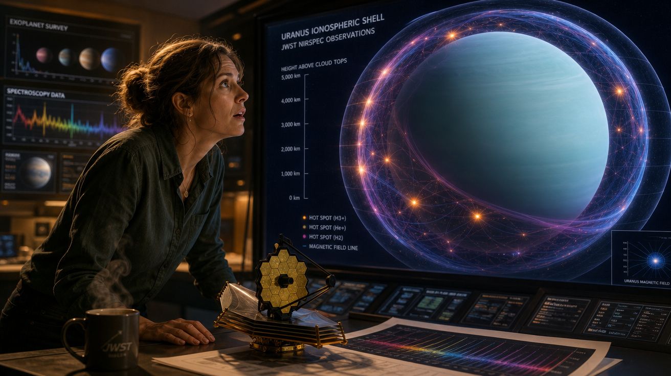 Mulher observa ecrã com dados científicos sobre a ionosfera de Úrano em laboratório de astronomia.