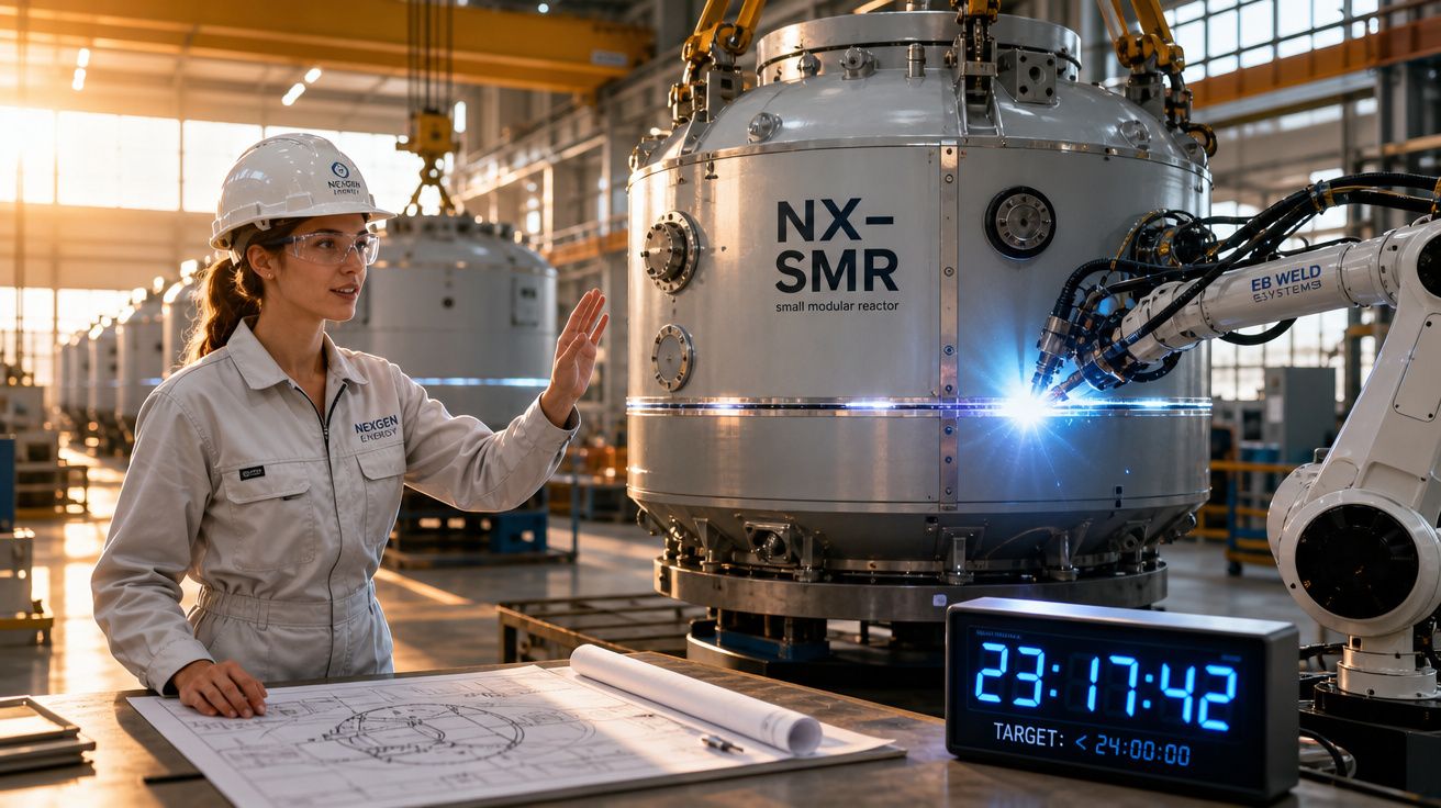 Engenheira com capacete e óculos de proteção observa soldadura automática em reator modular na fábrica moderna.