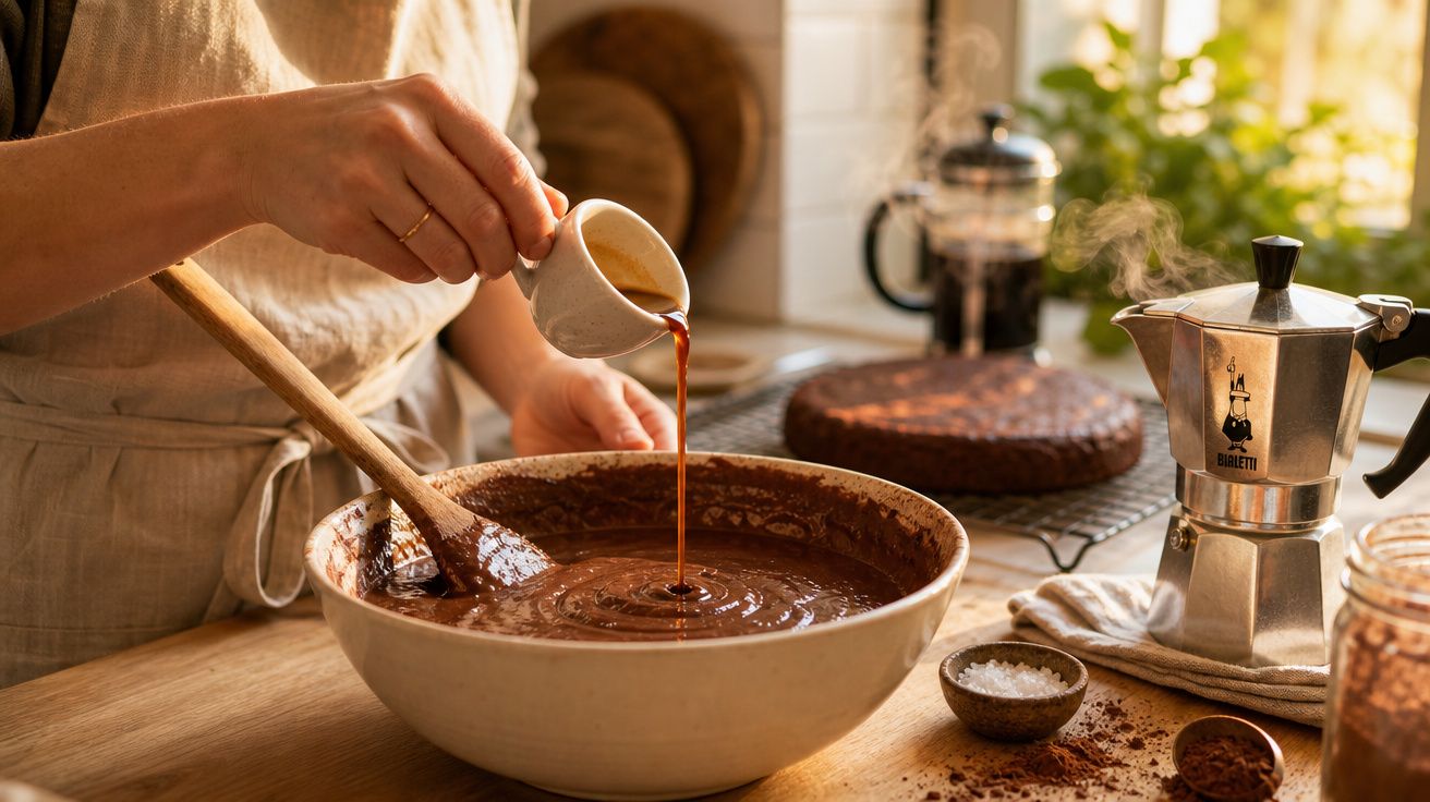 Mão a verter líquido sobre mistura de chocolate numa tigela grande, com cafeteira e ingredientes numa bancada de cozinha.