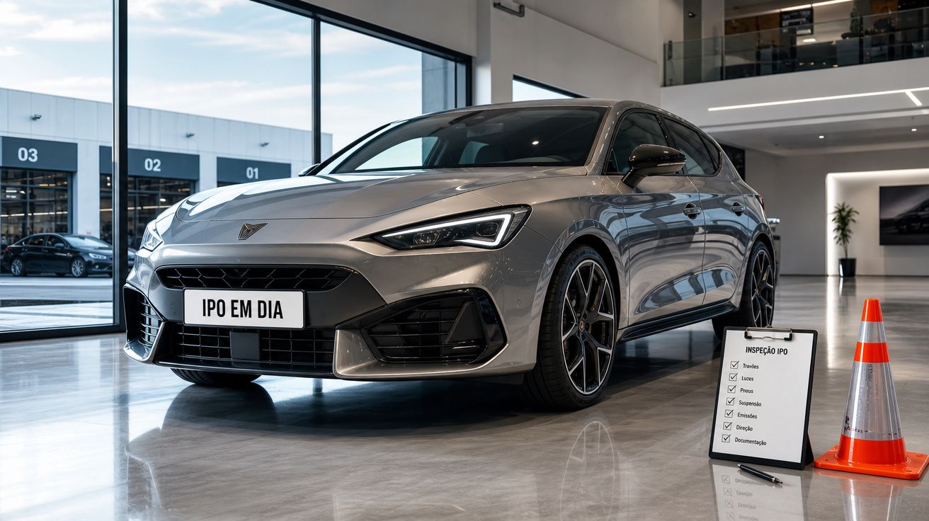 Carro cinzento moderno numa oficina com placa "IPO EM DIA" e lista de inspeção ao lado.