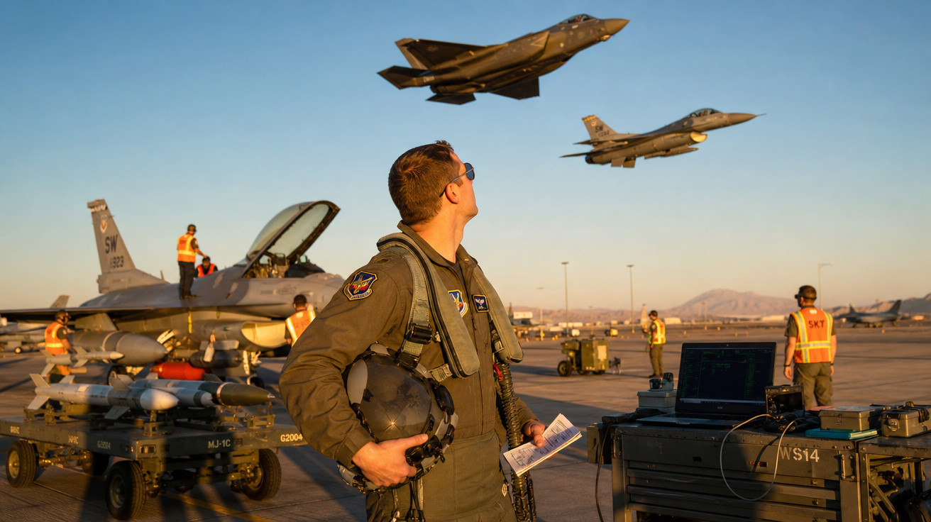 Piloto militar observa dois jatos de combate a sobrevoar base aérea ao pôr do sol.