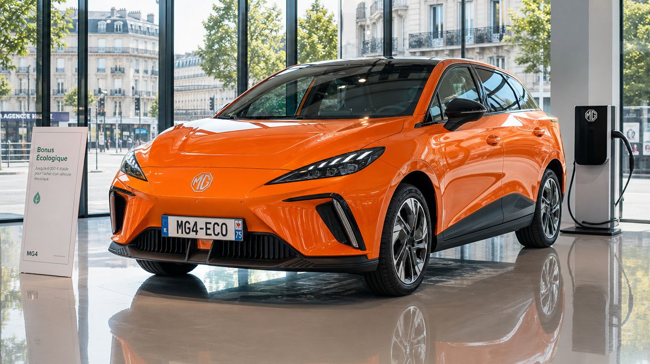Carro elétrico laranja MG4-ECO exposto numa loja moderna com urbanização visível através das janelas.