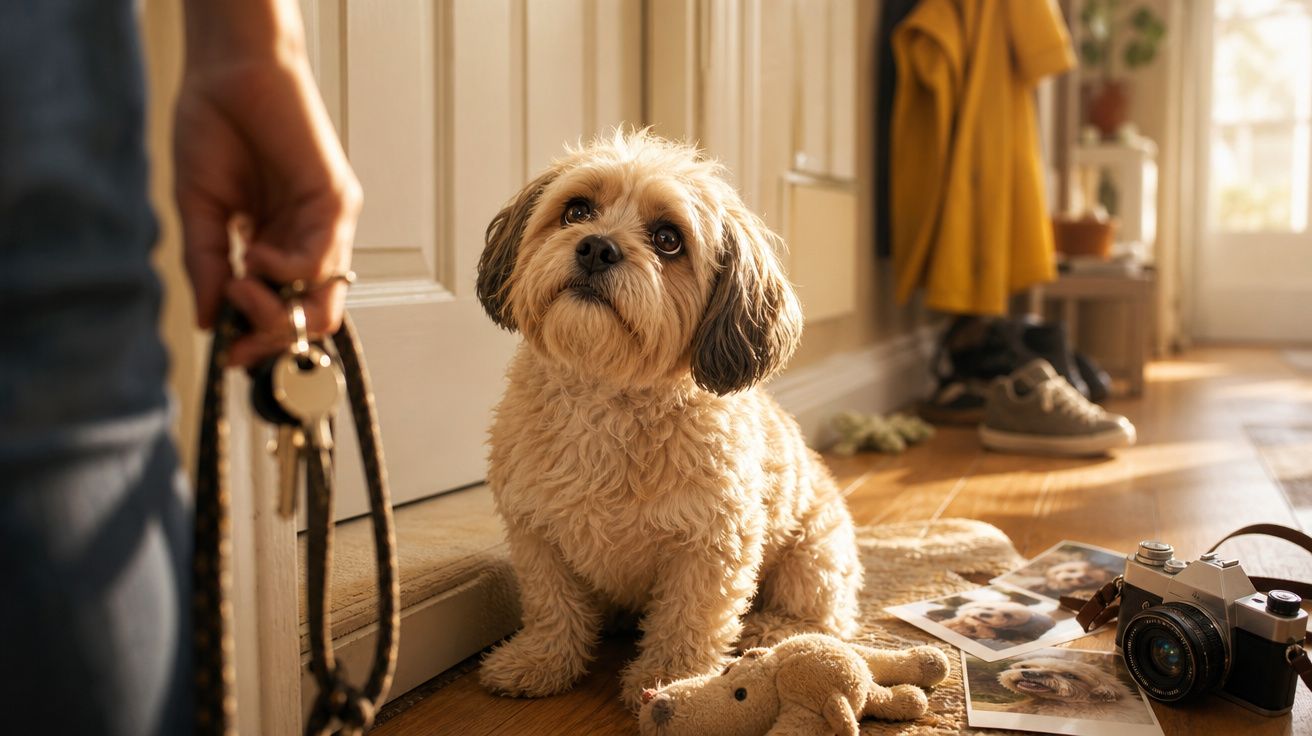 Cão pequeno sentado perto da porta com coleira, brinquedo e fotografias num corredor iluminado pelo sol.