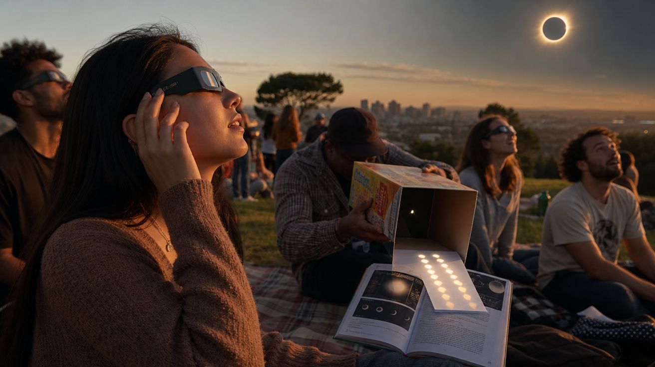 Grupo de pessoas em parque a observar eclipse solar com óculos especiais e projetor caseiro ao pôr do sol.