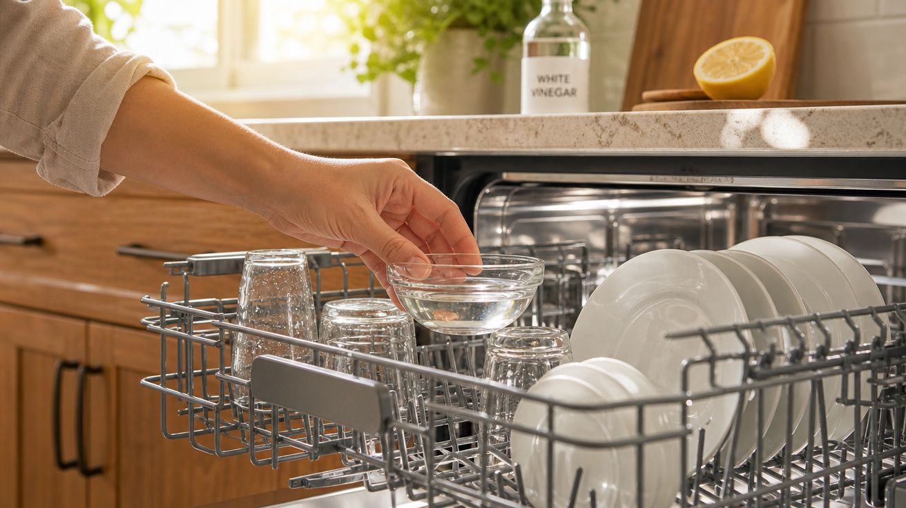 Mão a colocar recipiente com vinagre num lava-louça cheio de pratos e copos numa cozinha iluminada.