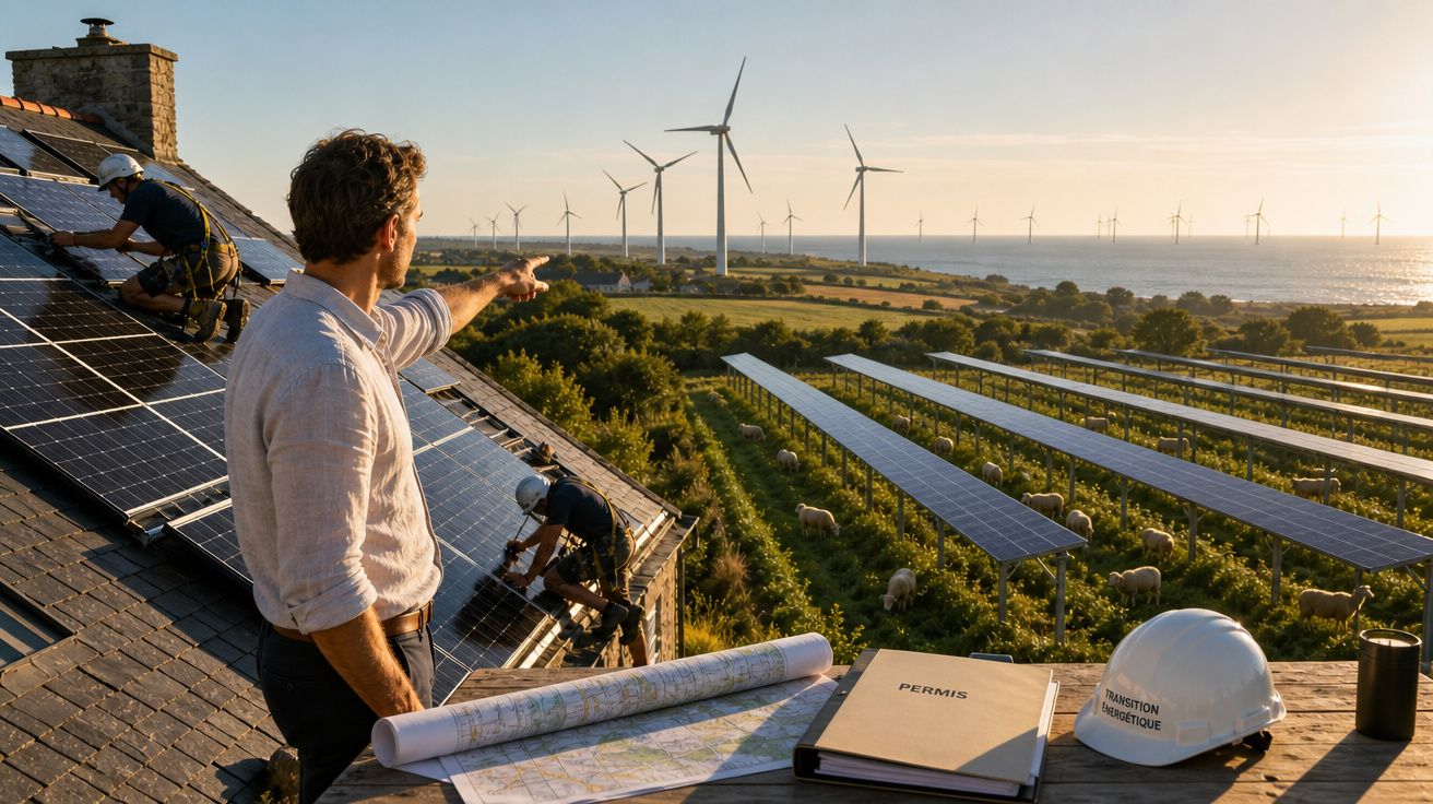 Homem aponta para turbinas eólicas com painéis solares e trabalhadores num telhado ao pôr do sol.