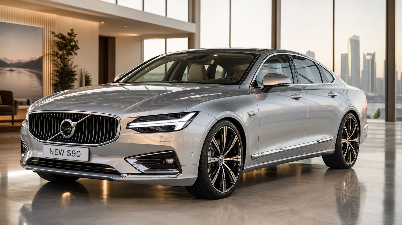 Automóvel Volvo S90 cinzento estacionado em interior moderno e iluminado com vidros amplos.