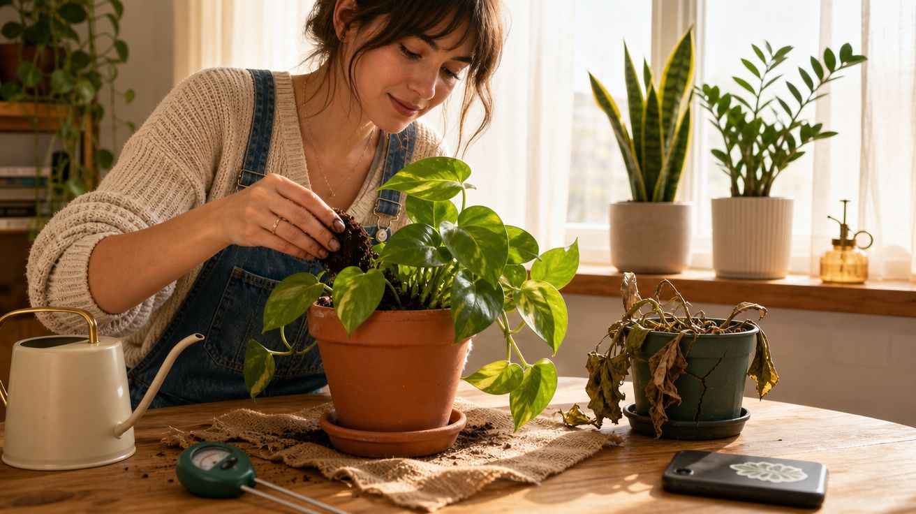 Mulher a cuidar de planta saudável em vaso de barro, com regador e planta murcha ao lado numa mesa de madeira.