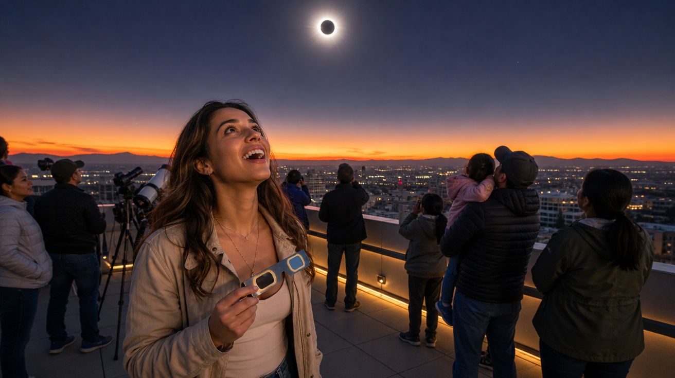 Pessoa com óculos especiais observa eclipse solar durante o pôr do sol numa varanda com outras pessoas.