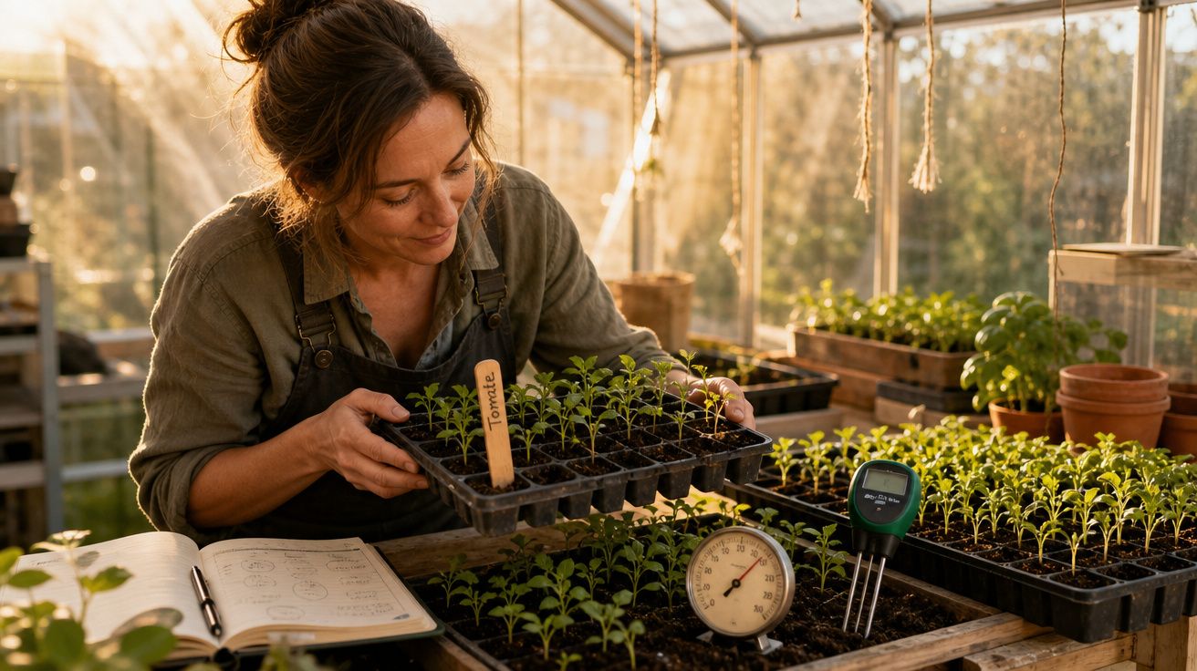 Mulher a cuidar de plantações de tomate numa estufa, rodeada de instrumentos de medição e caderno.