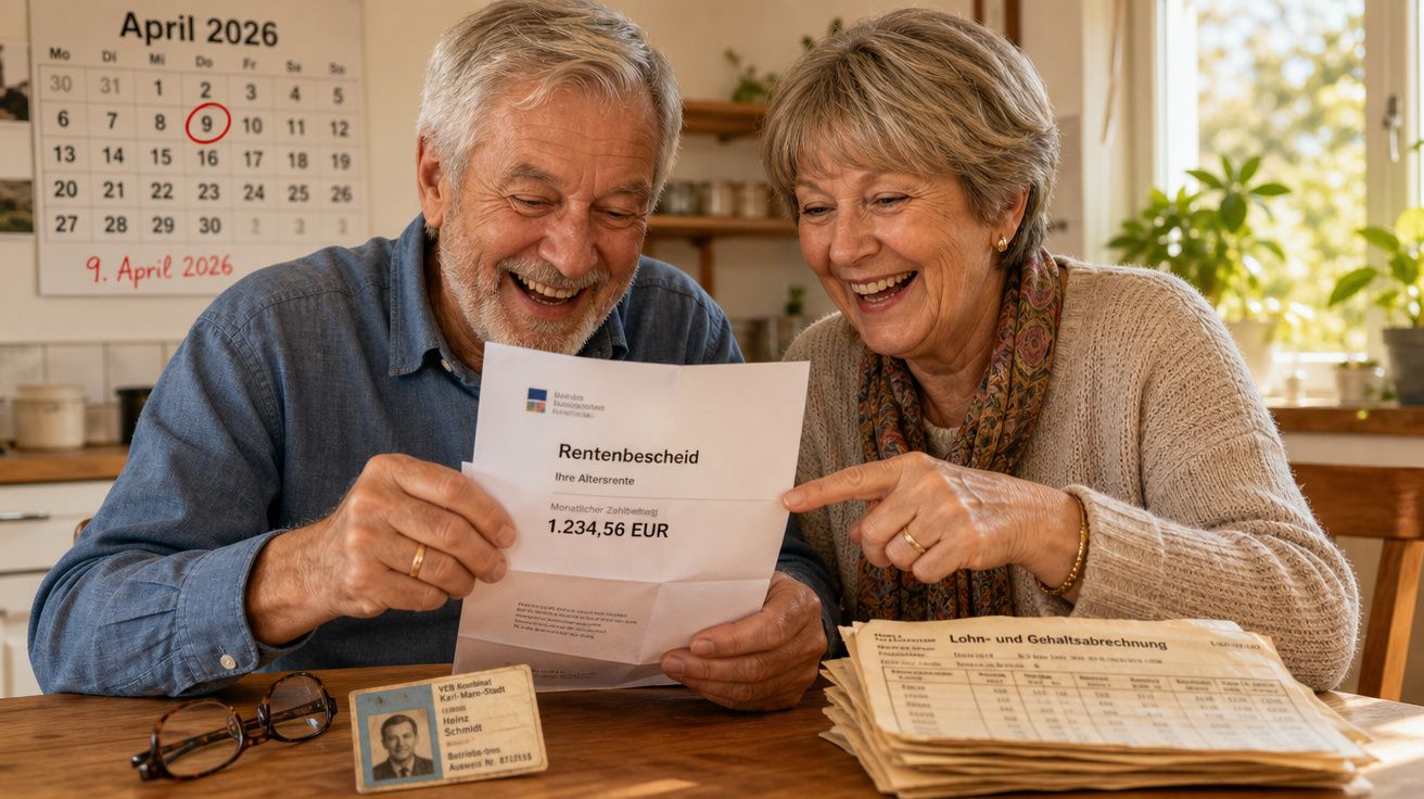 Casal sénior feliz a ler carta de aprovação de pensão com valor em euros numa mesa com documentos e calendário.