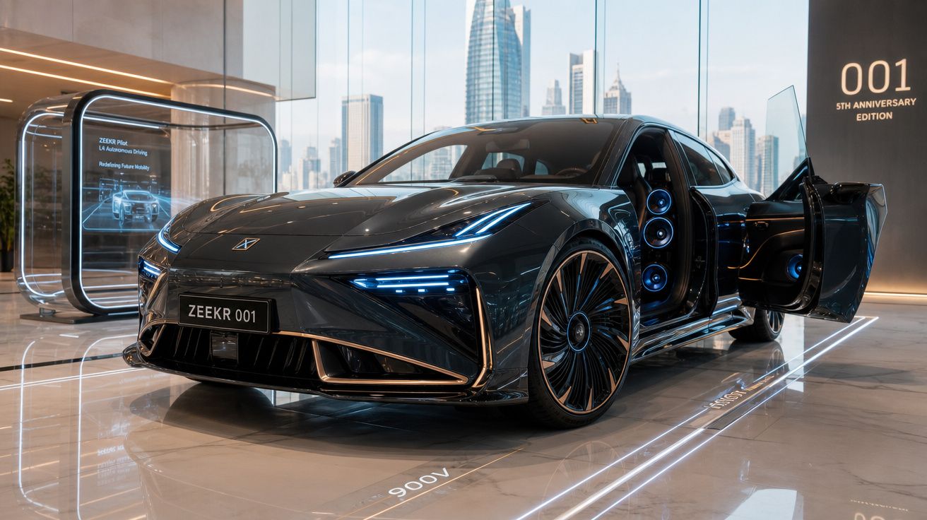 Carro elétrico Zeekr 001 preto com portas abertas exposto em ambiente moderno com vista de cidade ao fundo.