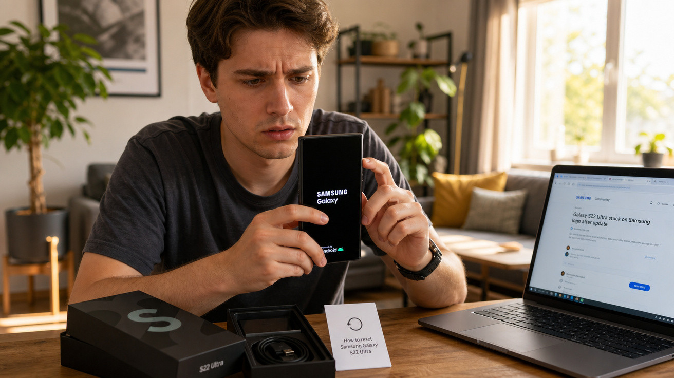 Homem preocupado tenta reiniciar telemóvel Samsung Galaxy S22 Ultra com telefone e portátil à frente.