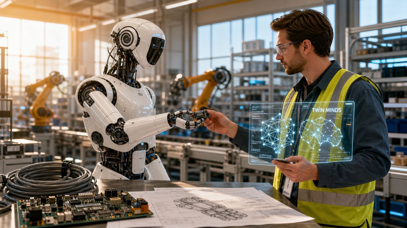 Engenheiro a interagir com robot humanoide numa fábrica futurista com hologramas de dados.